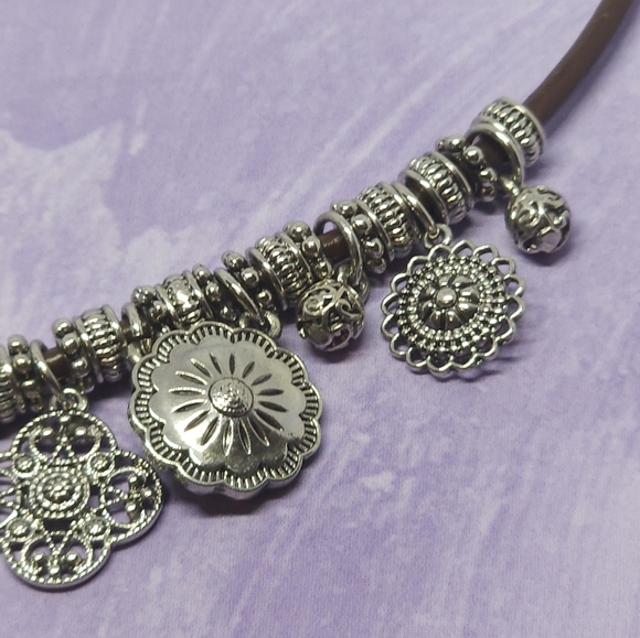 Chaps Silver Tone Charm Brown Cord Necklace - Picture 3 of 8